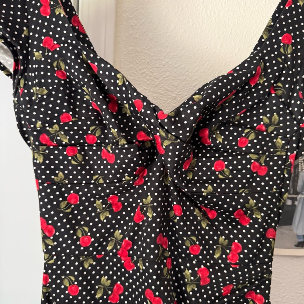 STOP STARING! black white red cherry polka dot fruit mod pinup sheath midi dress - Picture 3 of 7